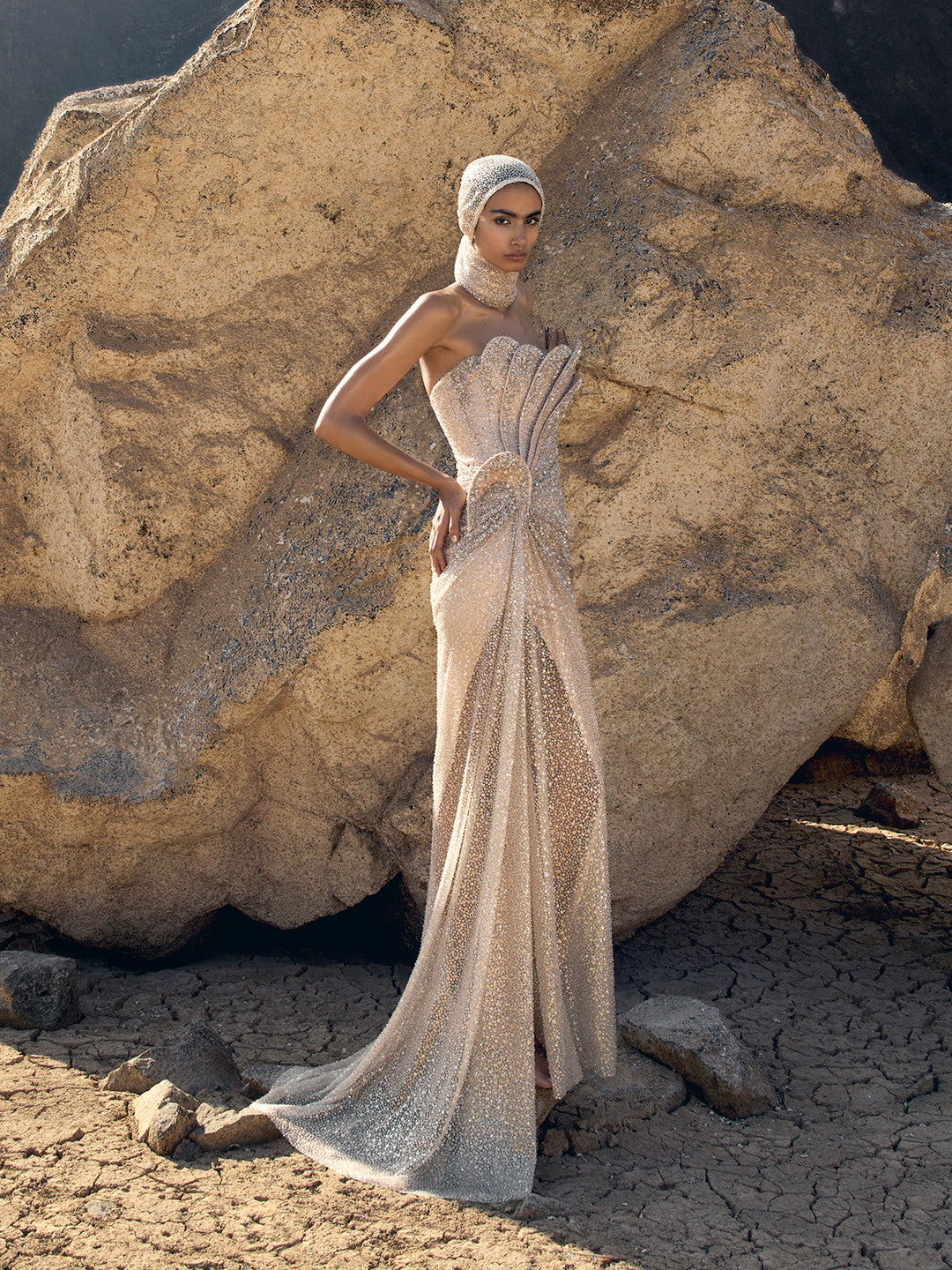 Beige embellished gown by Gaurav Gupta