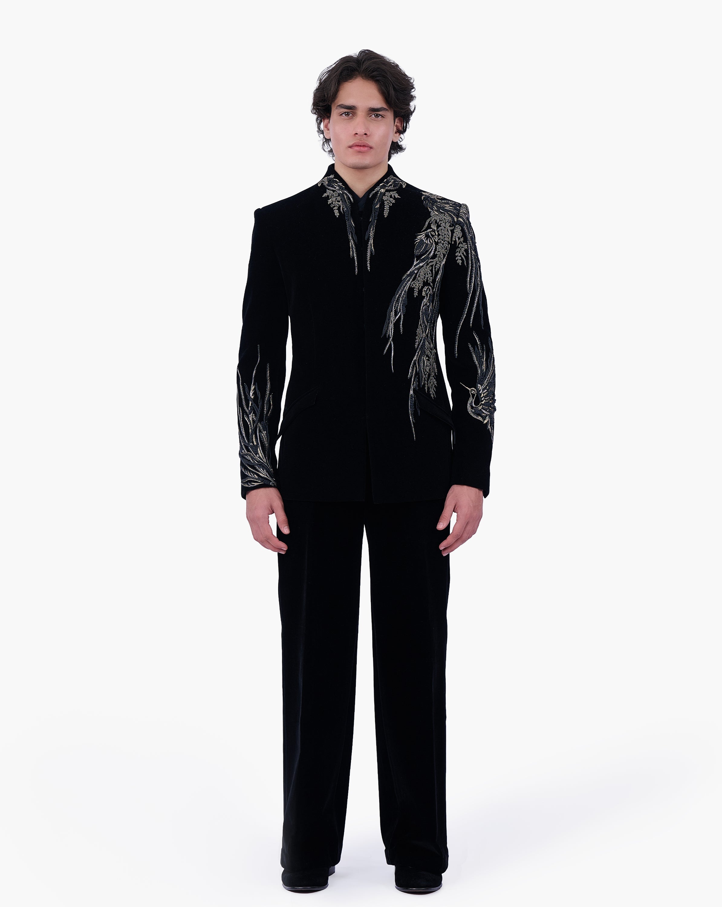 Asymmetrical Avian Velvet Bandhgala