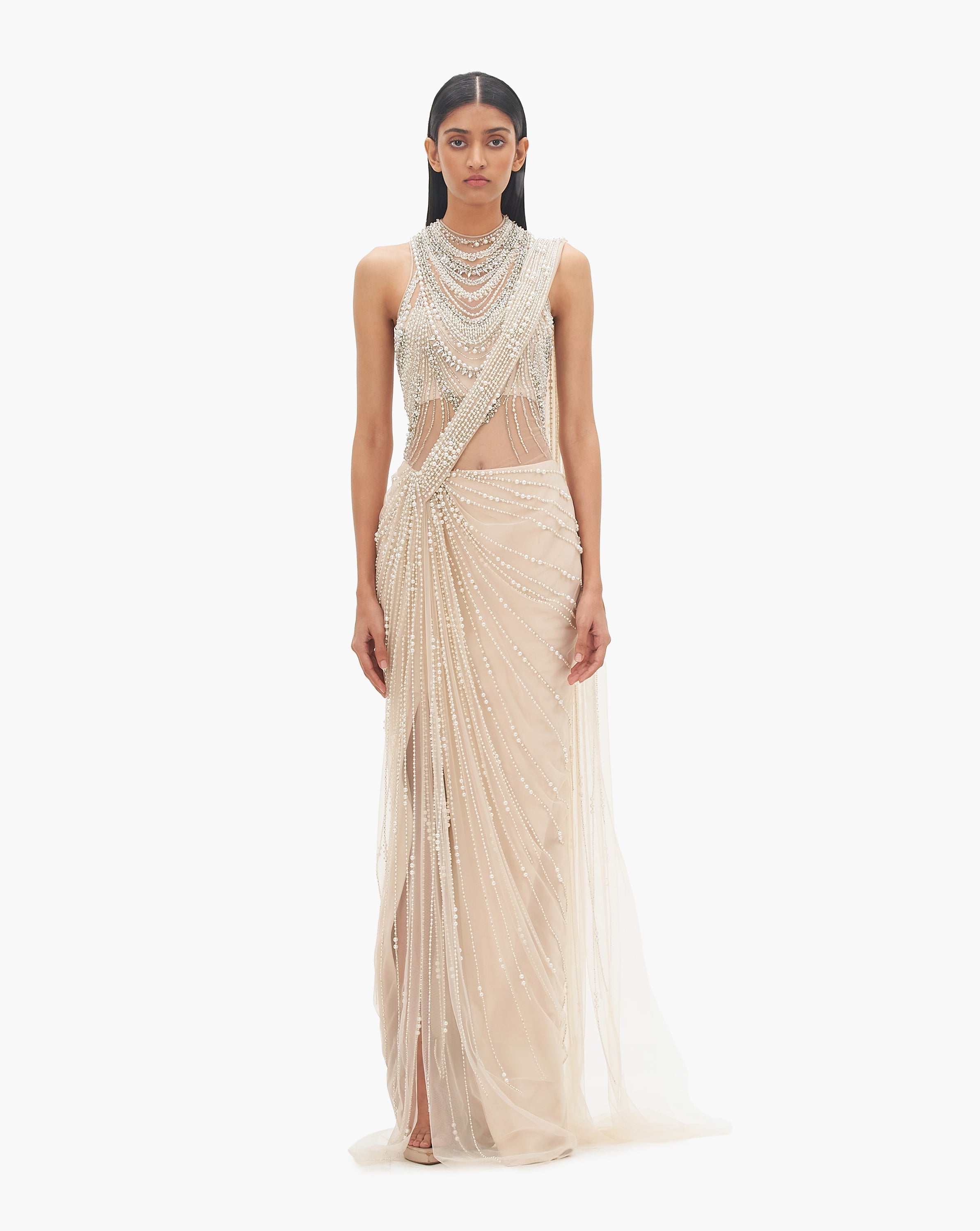 The Roman Pearl Drape Saree Gown