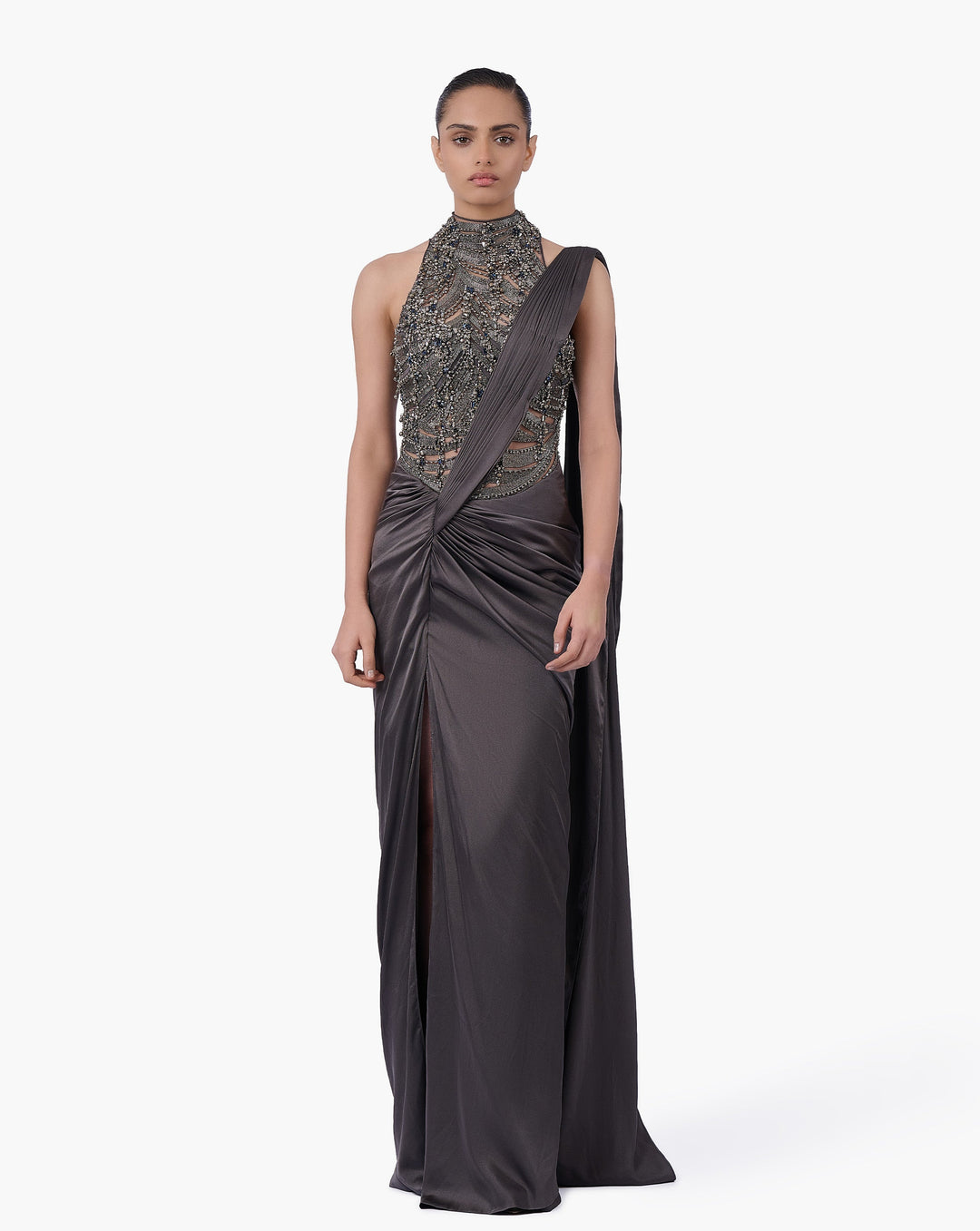 The High-Neck Embellished Saree Gown