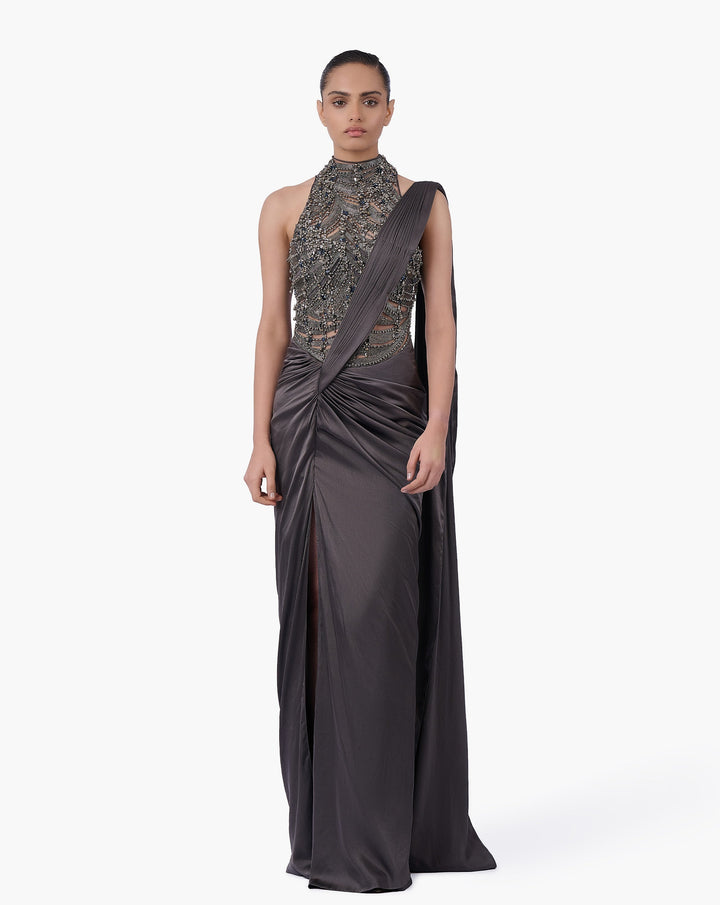 The High-Neck Embellished Saree Gown