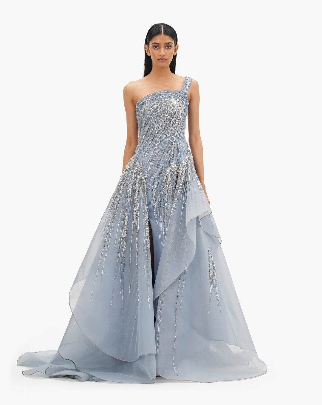 Silver-Blue embroidered design gown by Gaurav Gupta