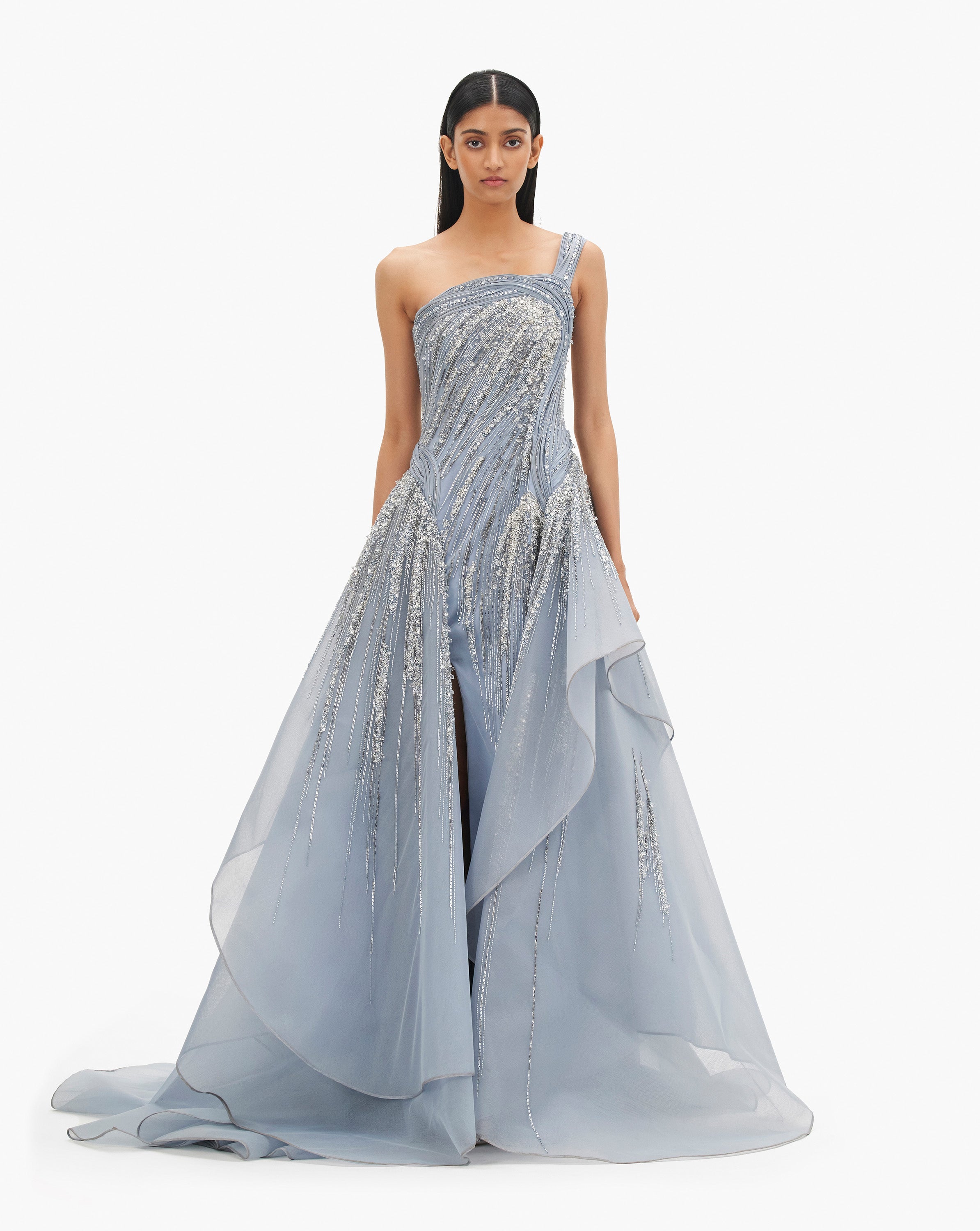Silver-Blue embroidered design gown by Gaurav Gupta