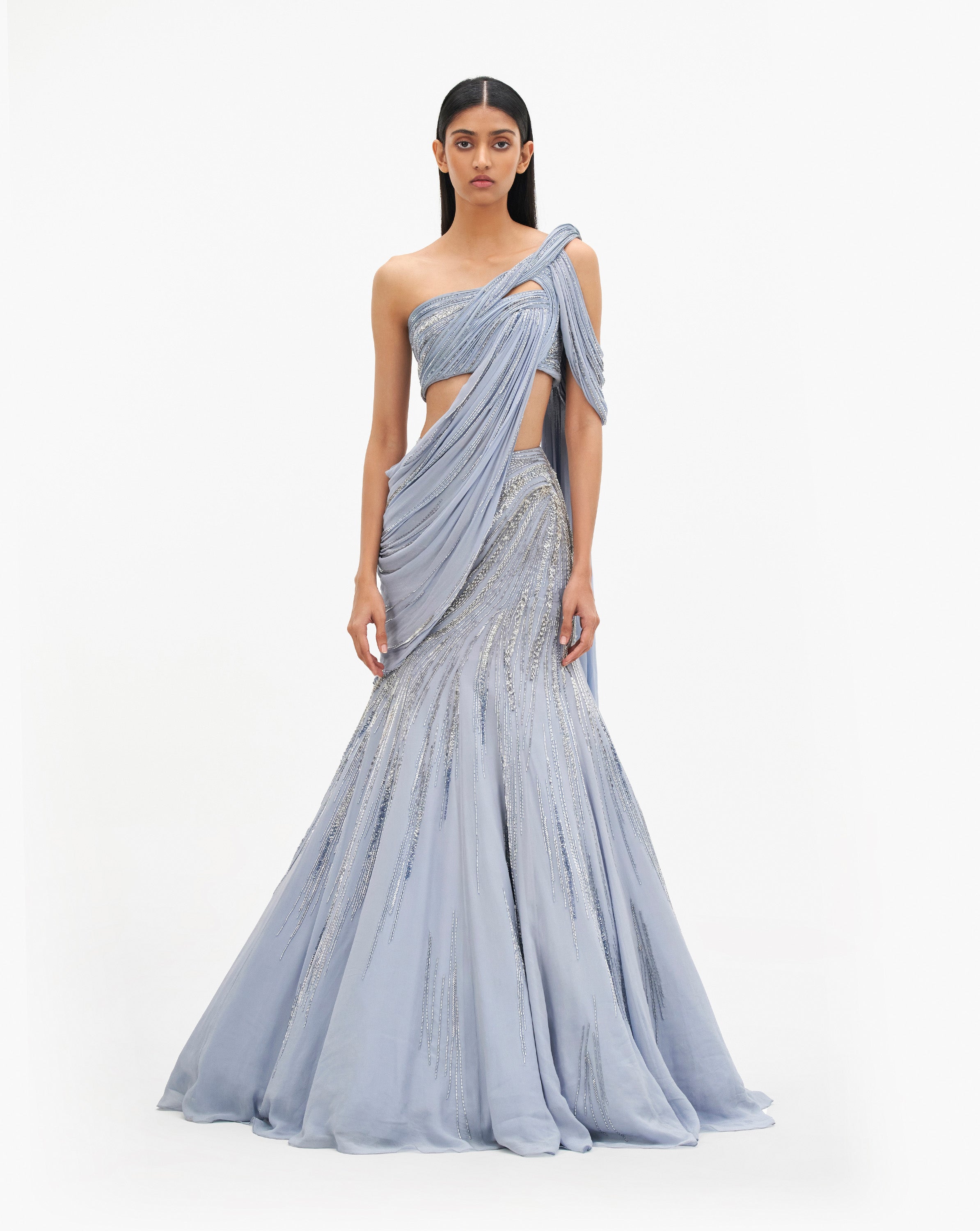 Silver pearl embroidered lehenga by Gaurav Gupta