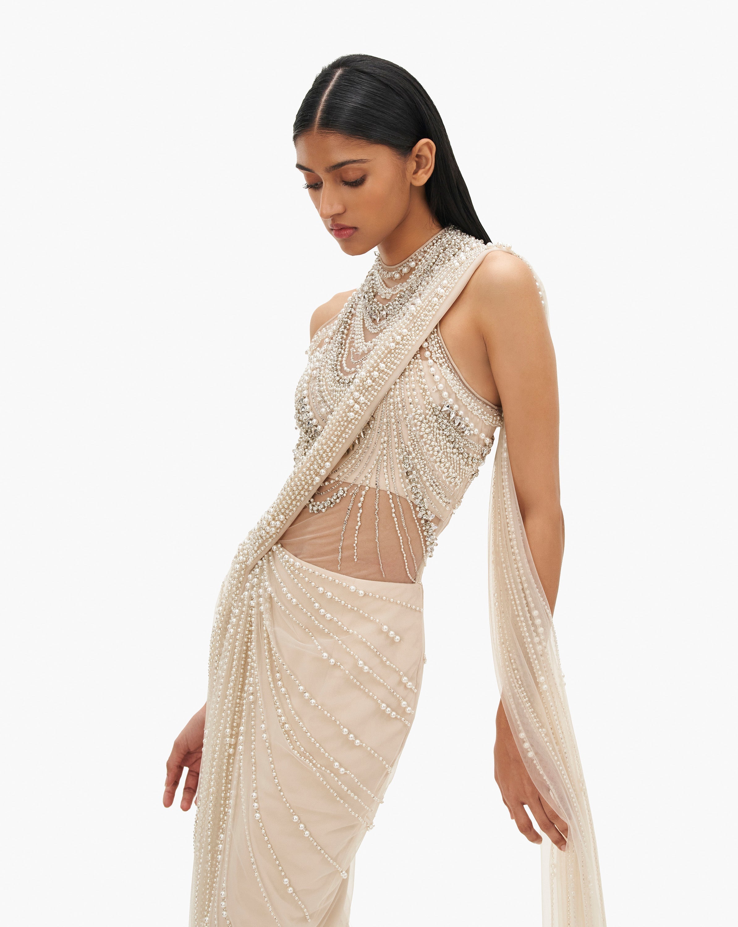The Roman Pearl Drape Saree Gown