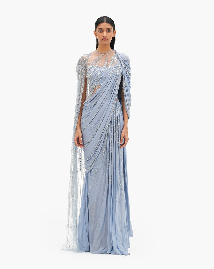 Silver pearl Embroidered draped saree by Gaurav Gupta