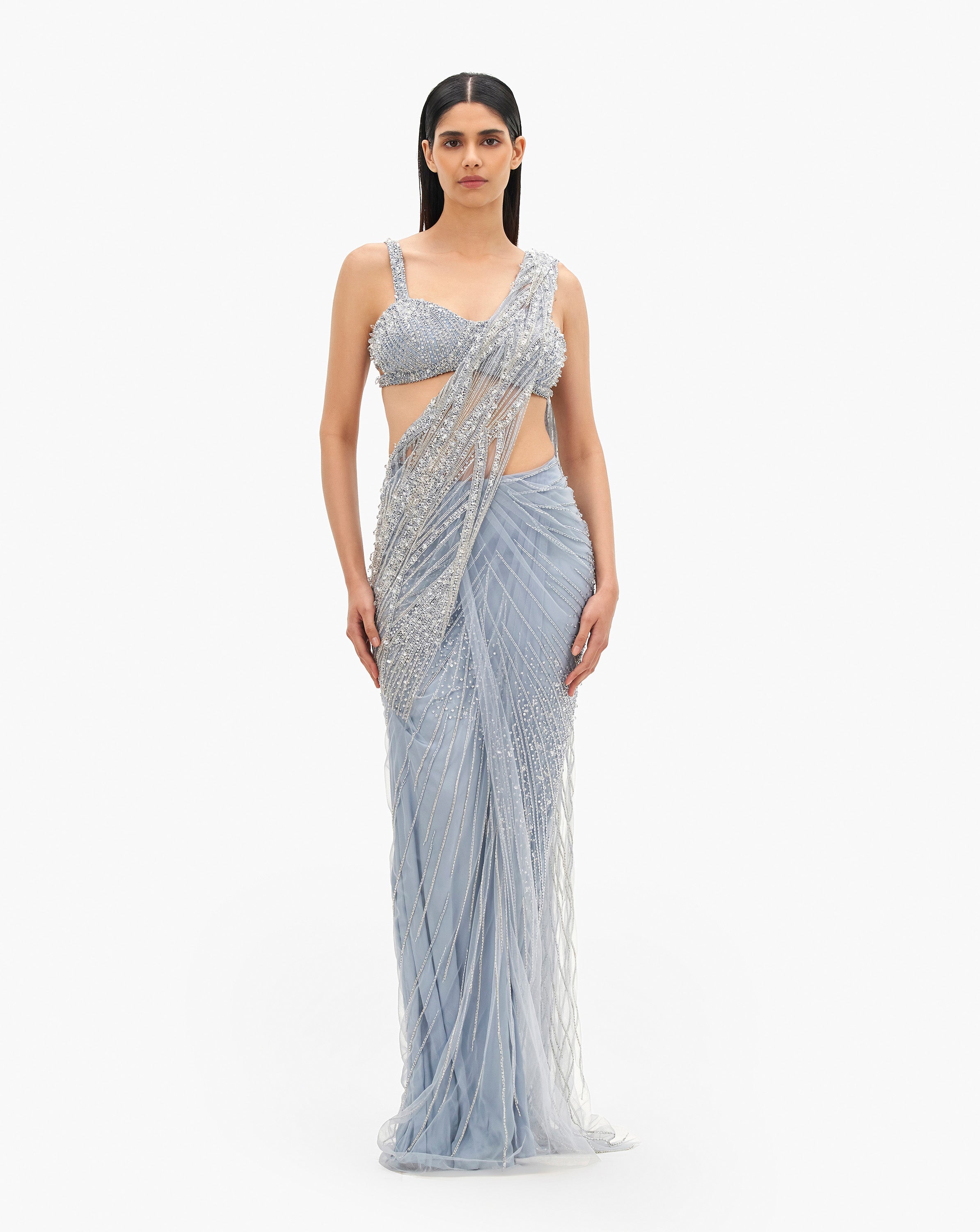 Gaurav Gupta silver pearl emroidered saree design