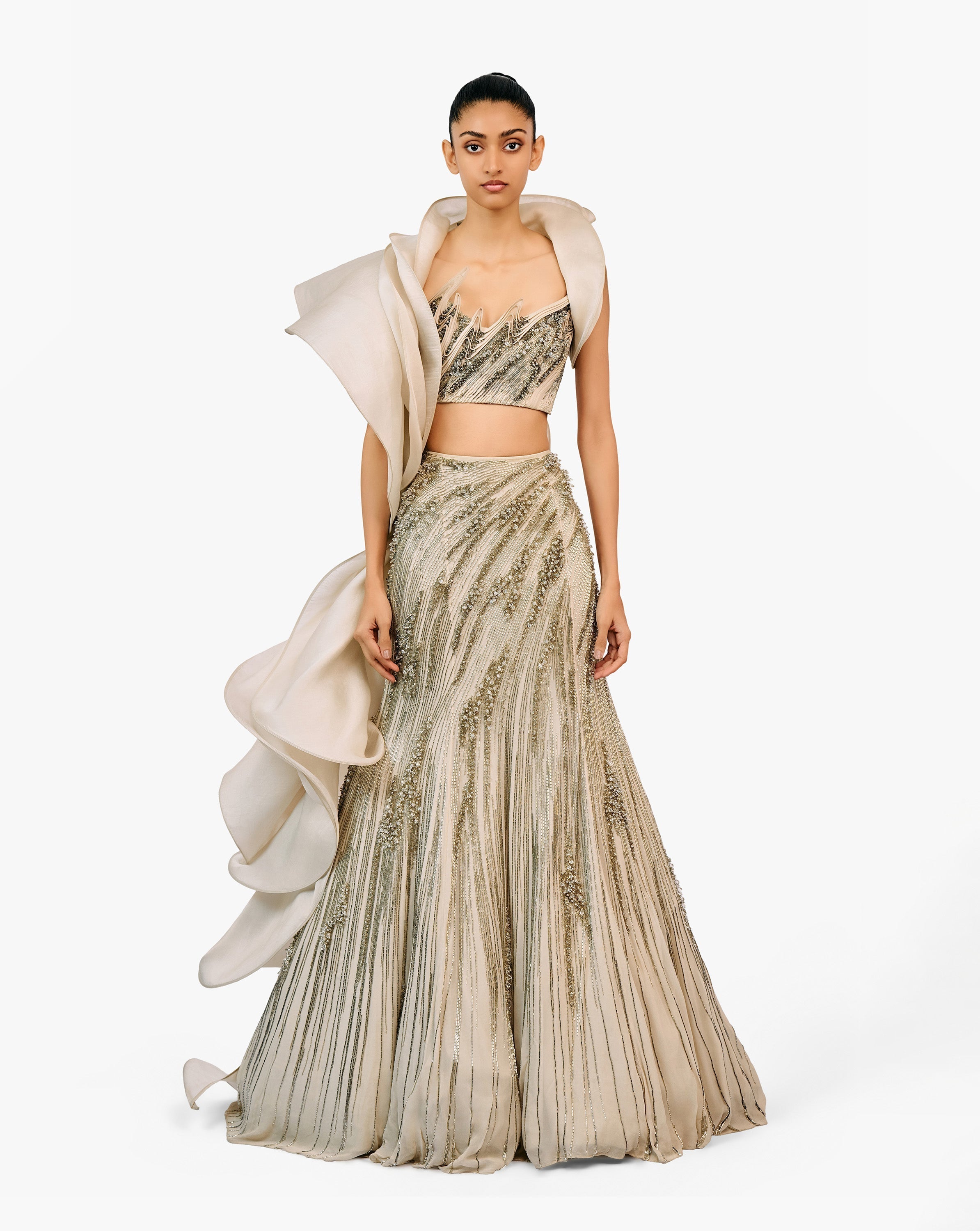 Silver embroidered lehenga by Gaurav Gupta