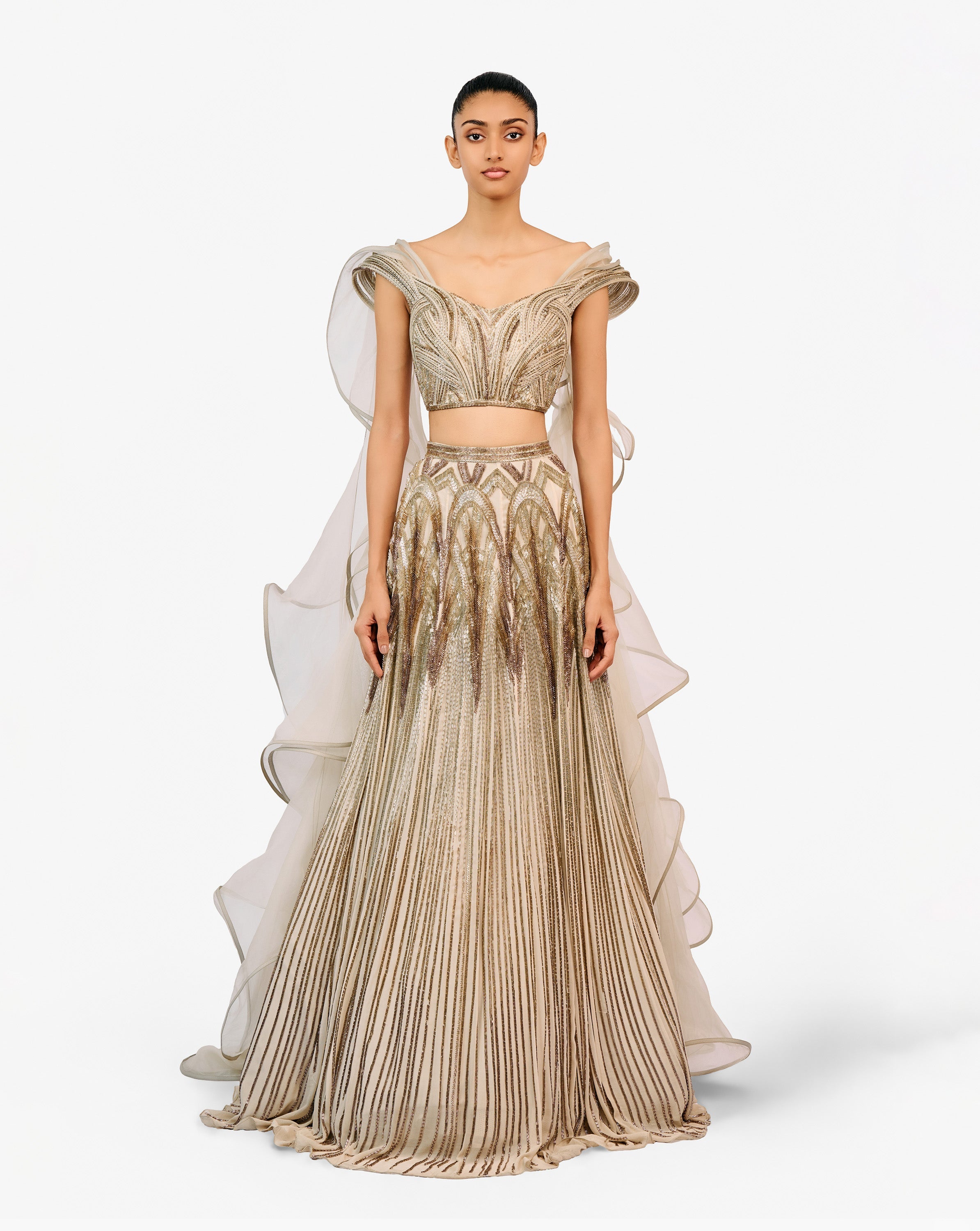 Silver embroidered lehnga with ruffled dupatta by Gaurav Gupta