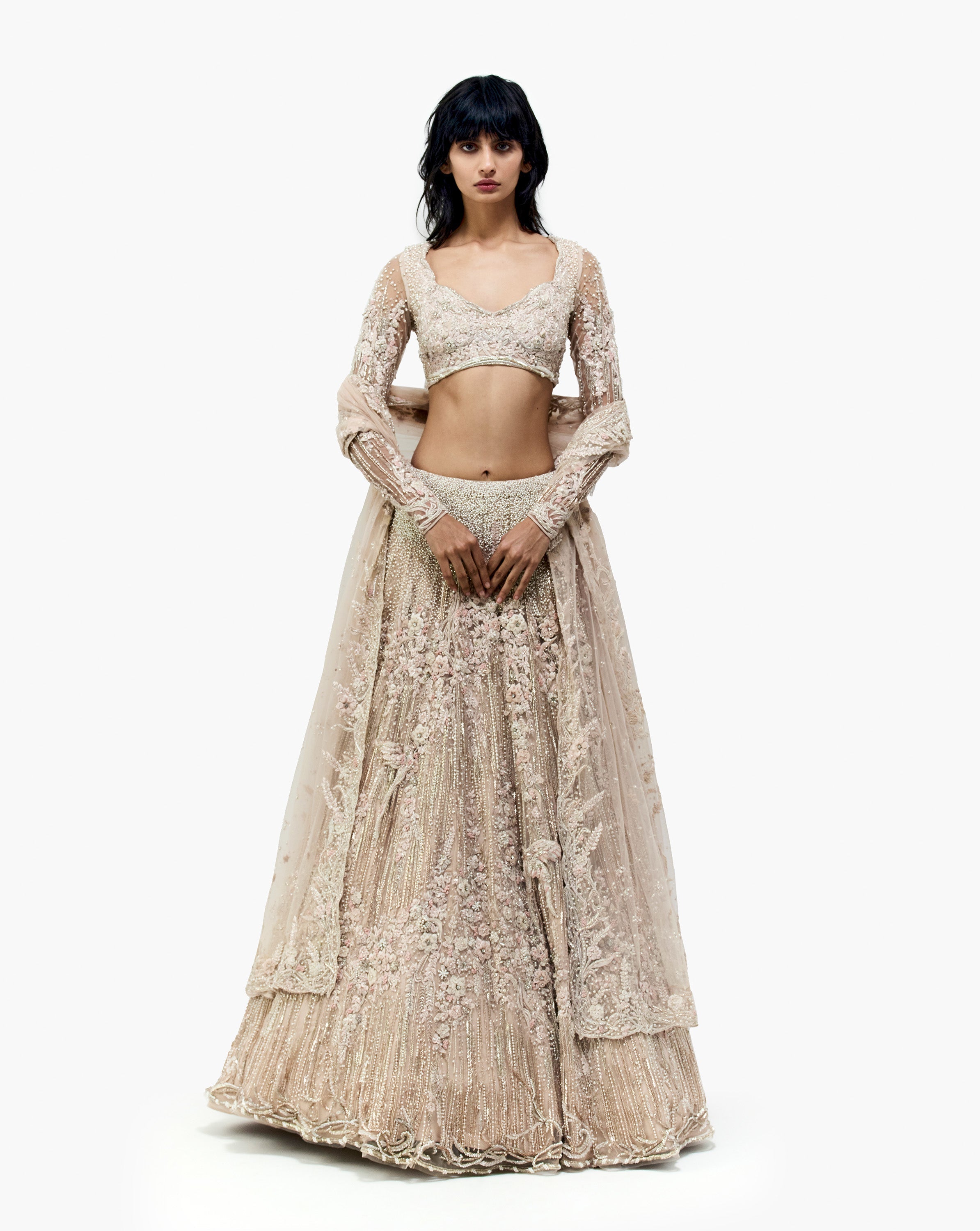 White pearl embroidered lehenga by Gaurav Gupta