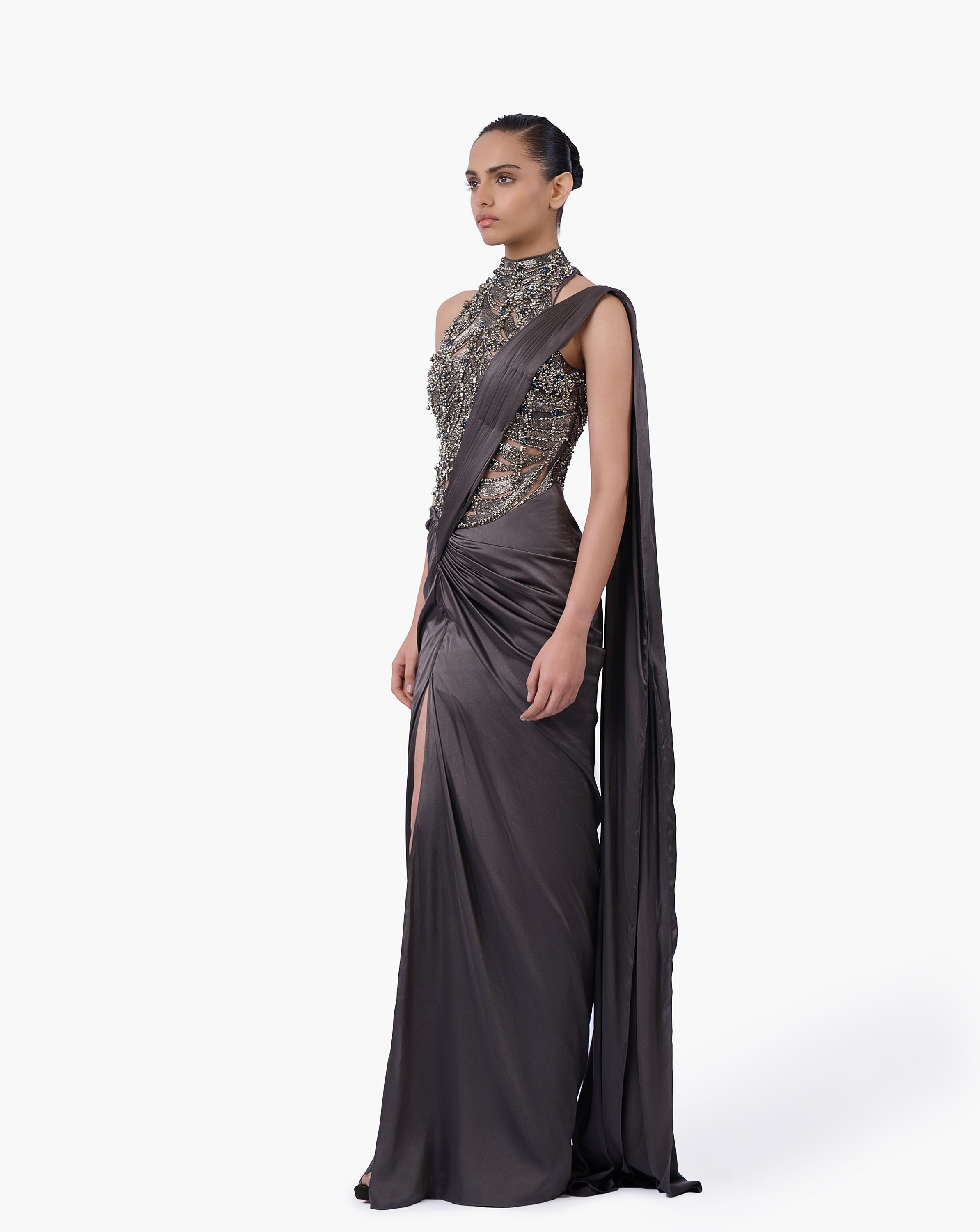 The High-Neck Embellished Saree Gown