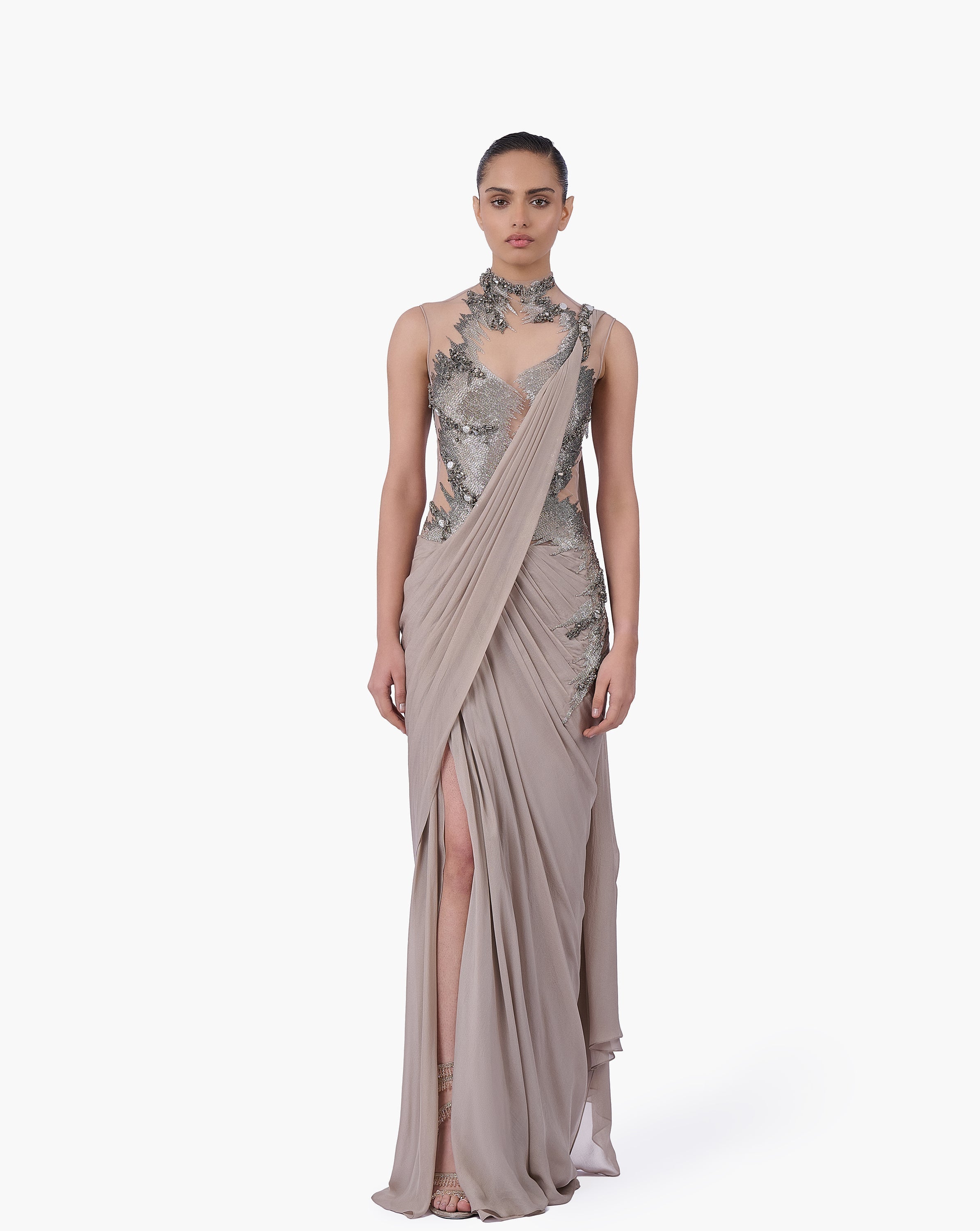 The Embellished Metallic Saree Gown