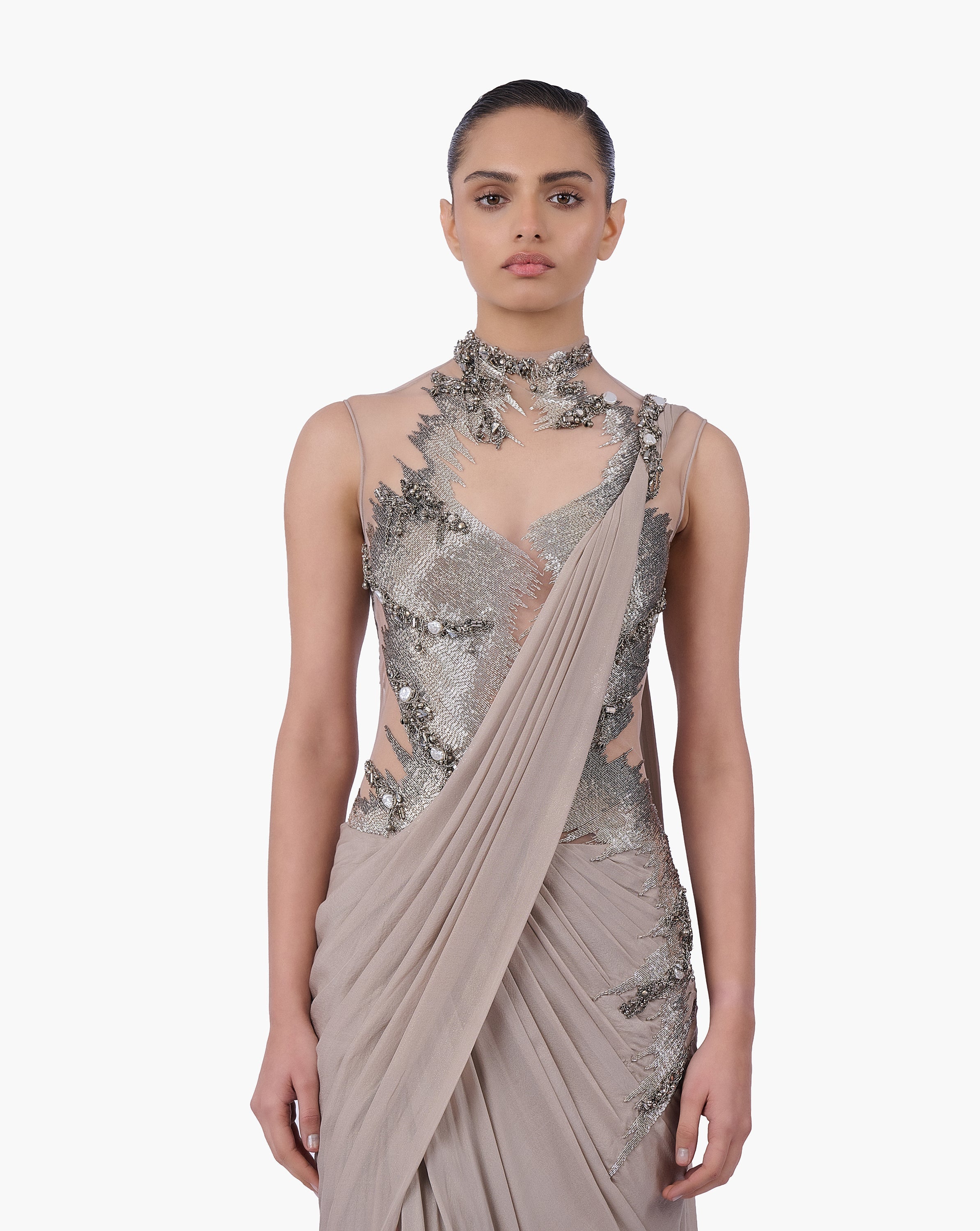 The Embellished Metallic Saree Gown