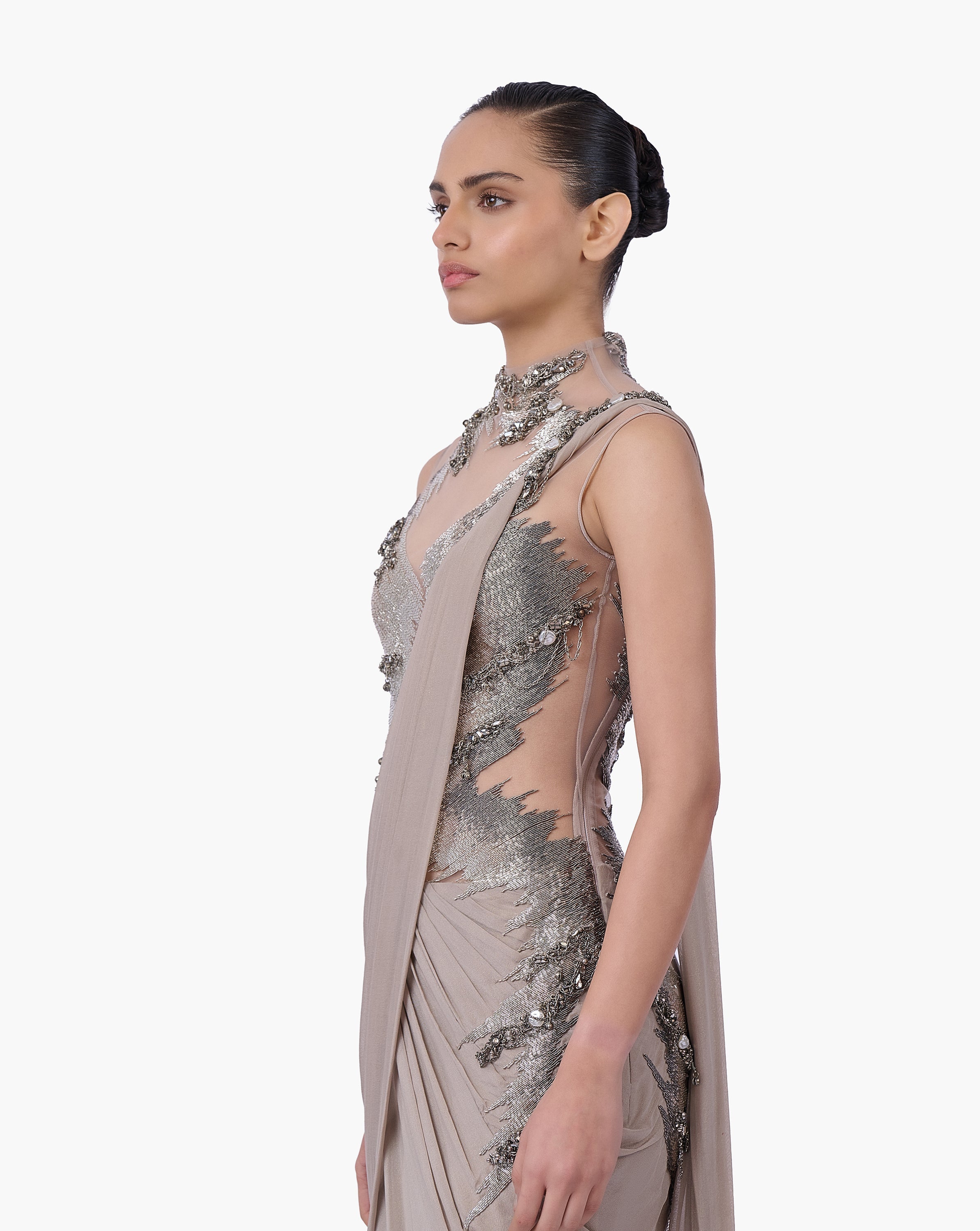 The Embellished Metallic Saree Gown