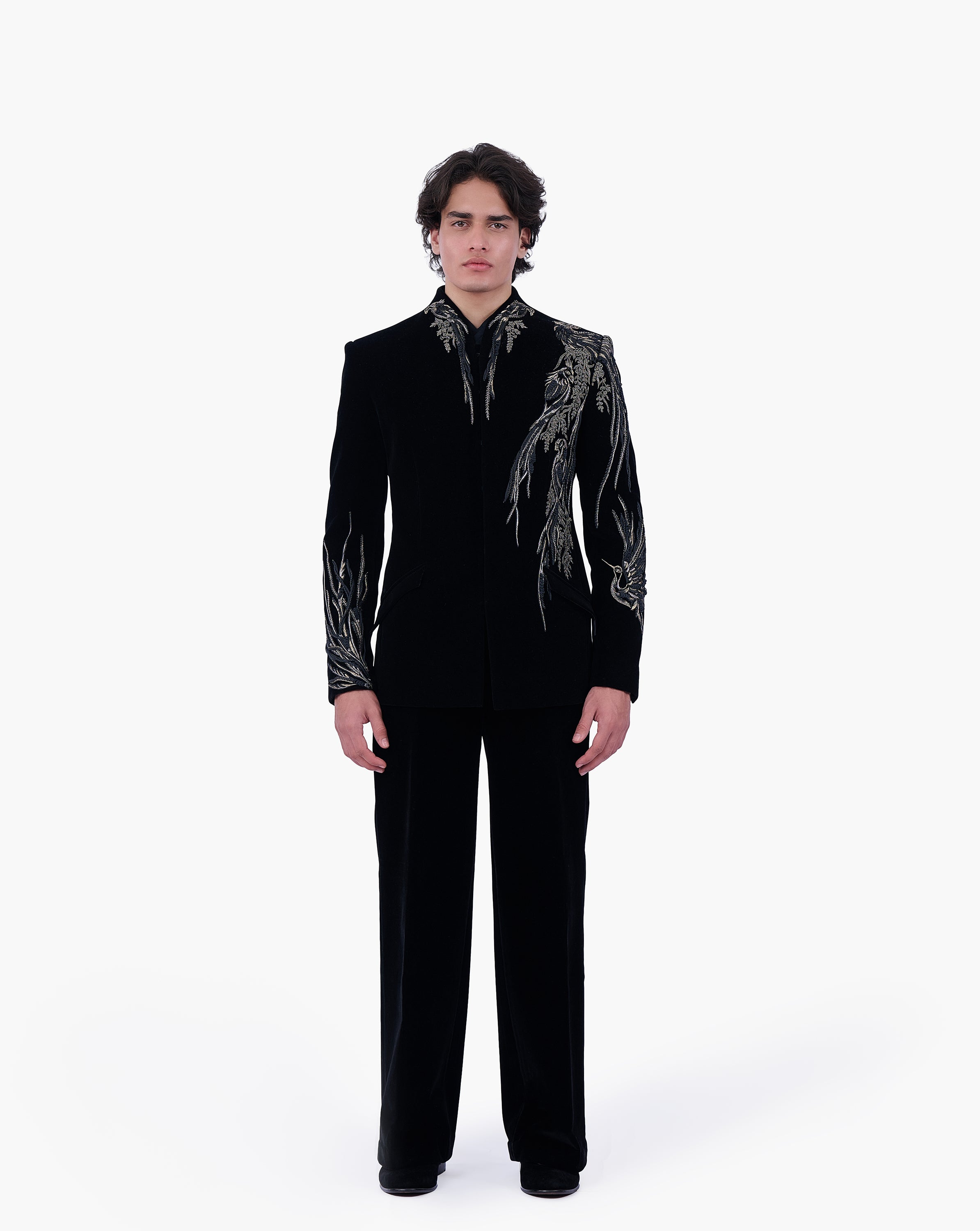 Asymmetrical Avian Velvet Bandhgala