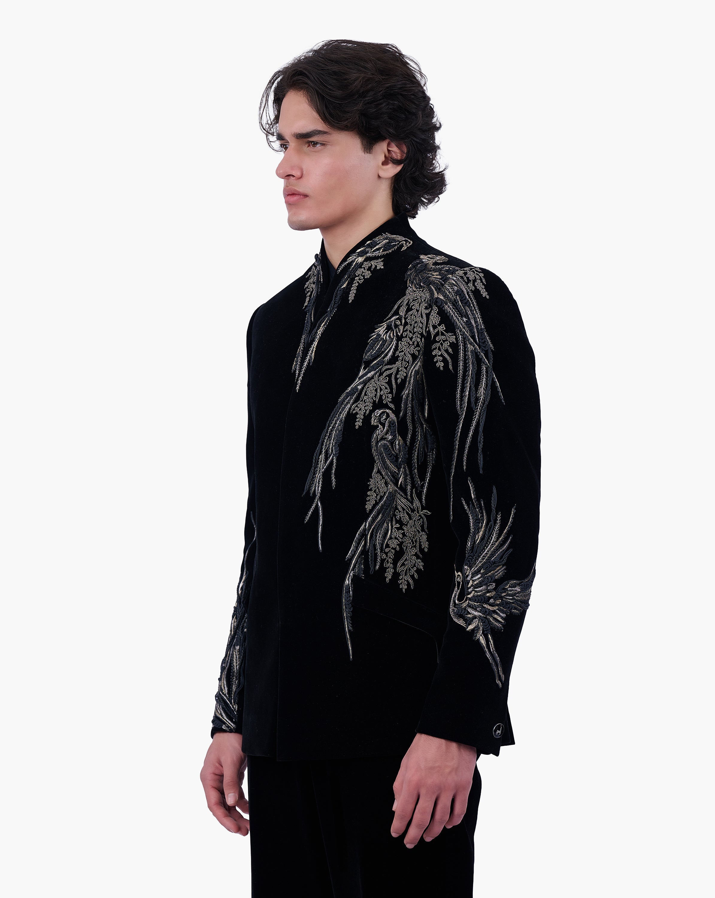 Asymmetrical Avian Velvet Bandhgala