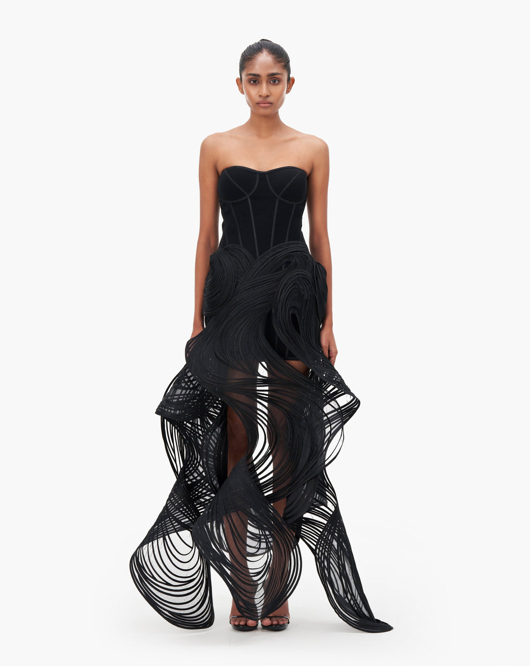 Black sculptured gown by Gaurav Gupta