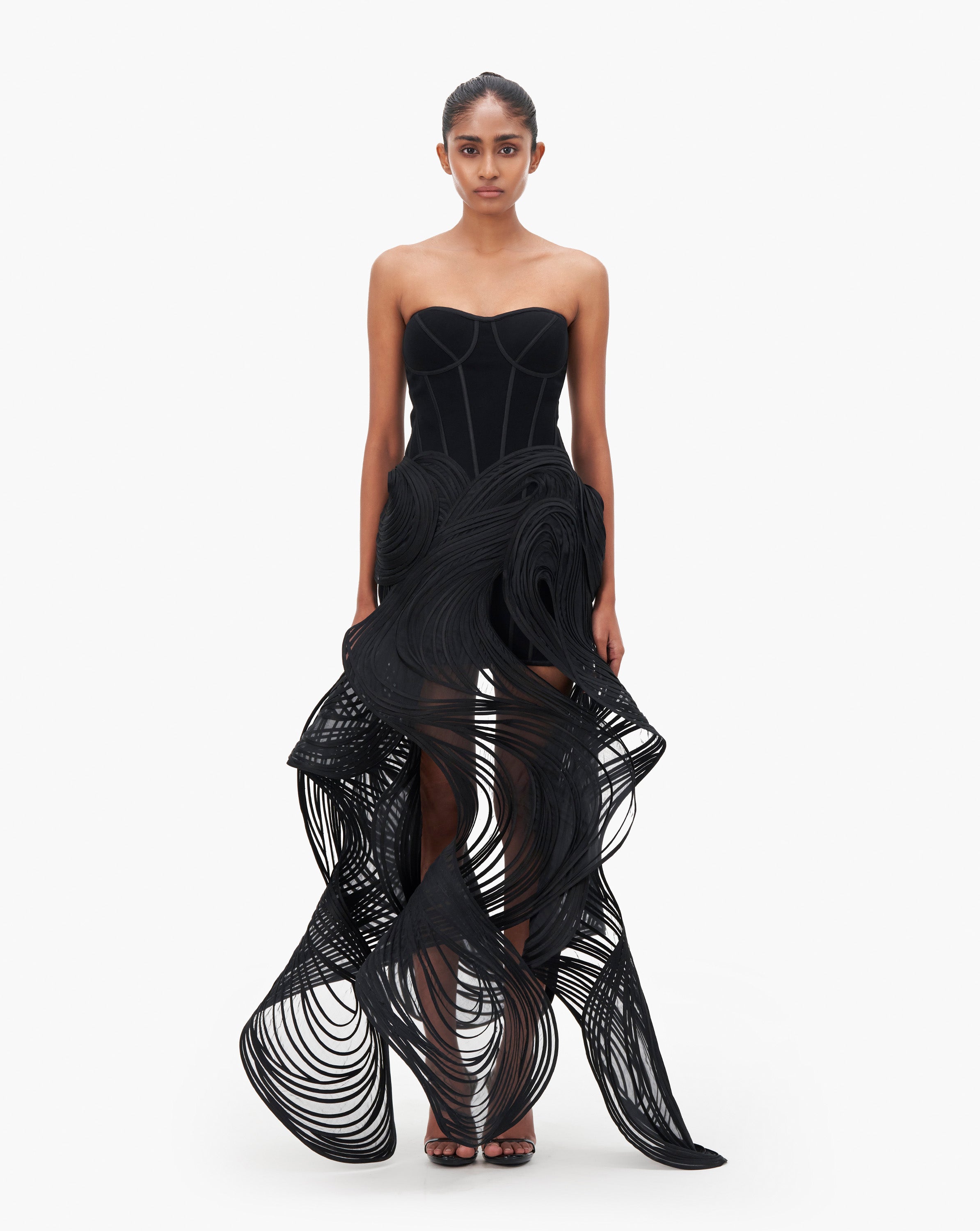 Black sculptured gown by Gaurav Gupta