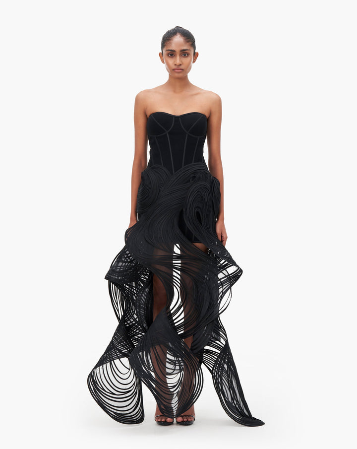 Black sculptured gown by Gaurav Gupta