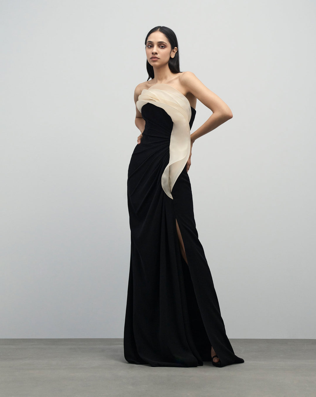 Monochromatic Ruffle Drape Gown