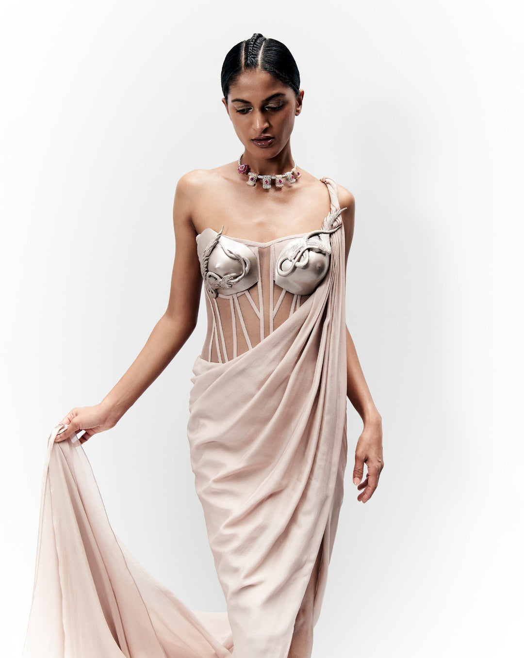 Metal Brallette Corset Saree Gown