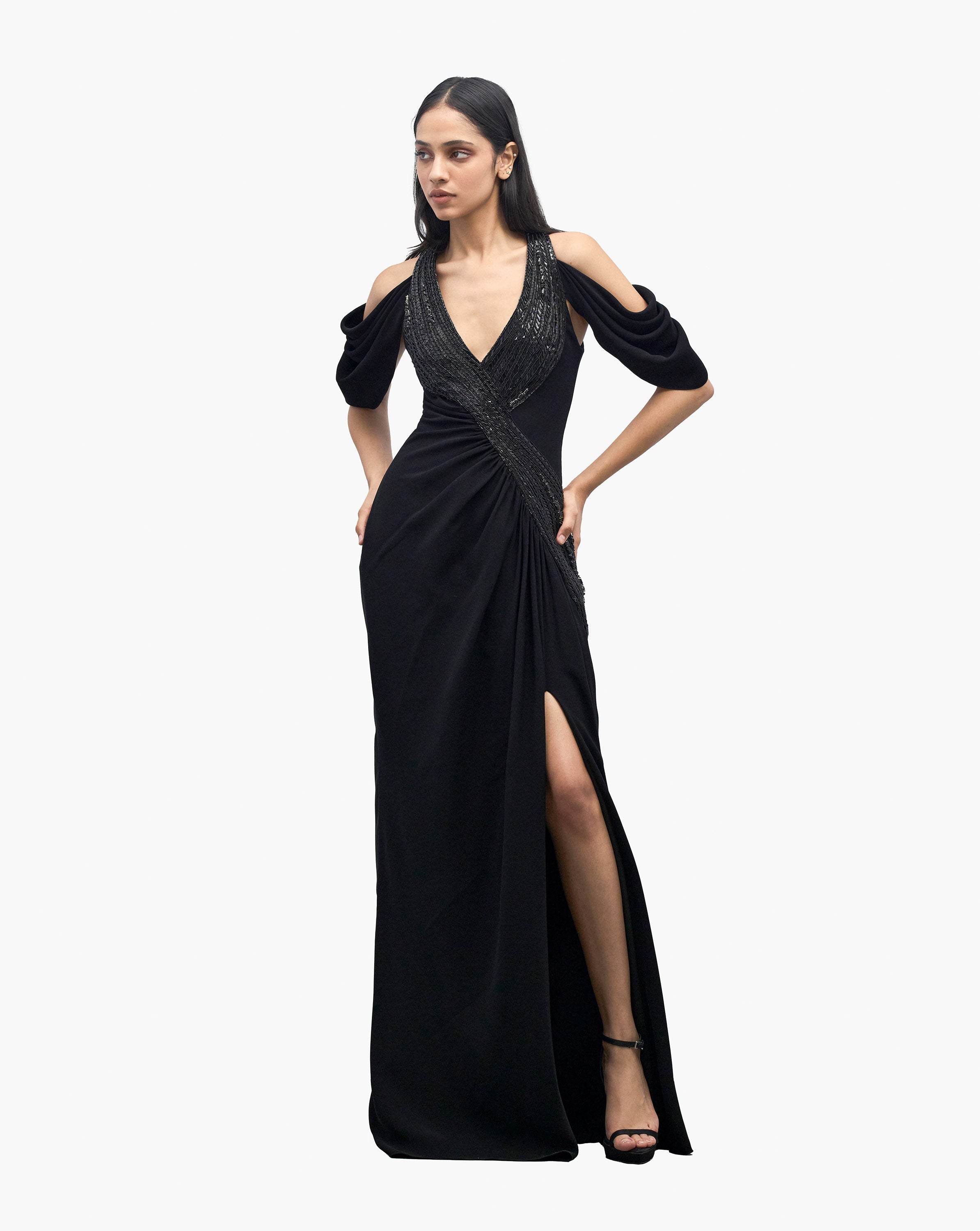 The Noir Halter Draped Gown