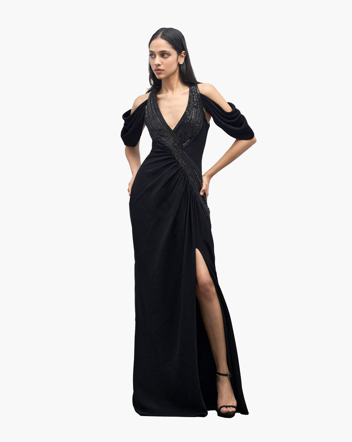 The Noir Halter Draped Gown