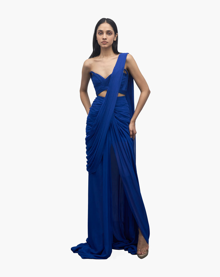 Royal blue draped saree gown by Gaurav Gupta