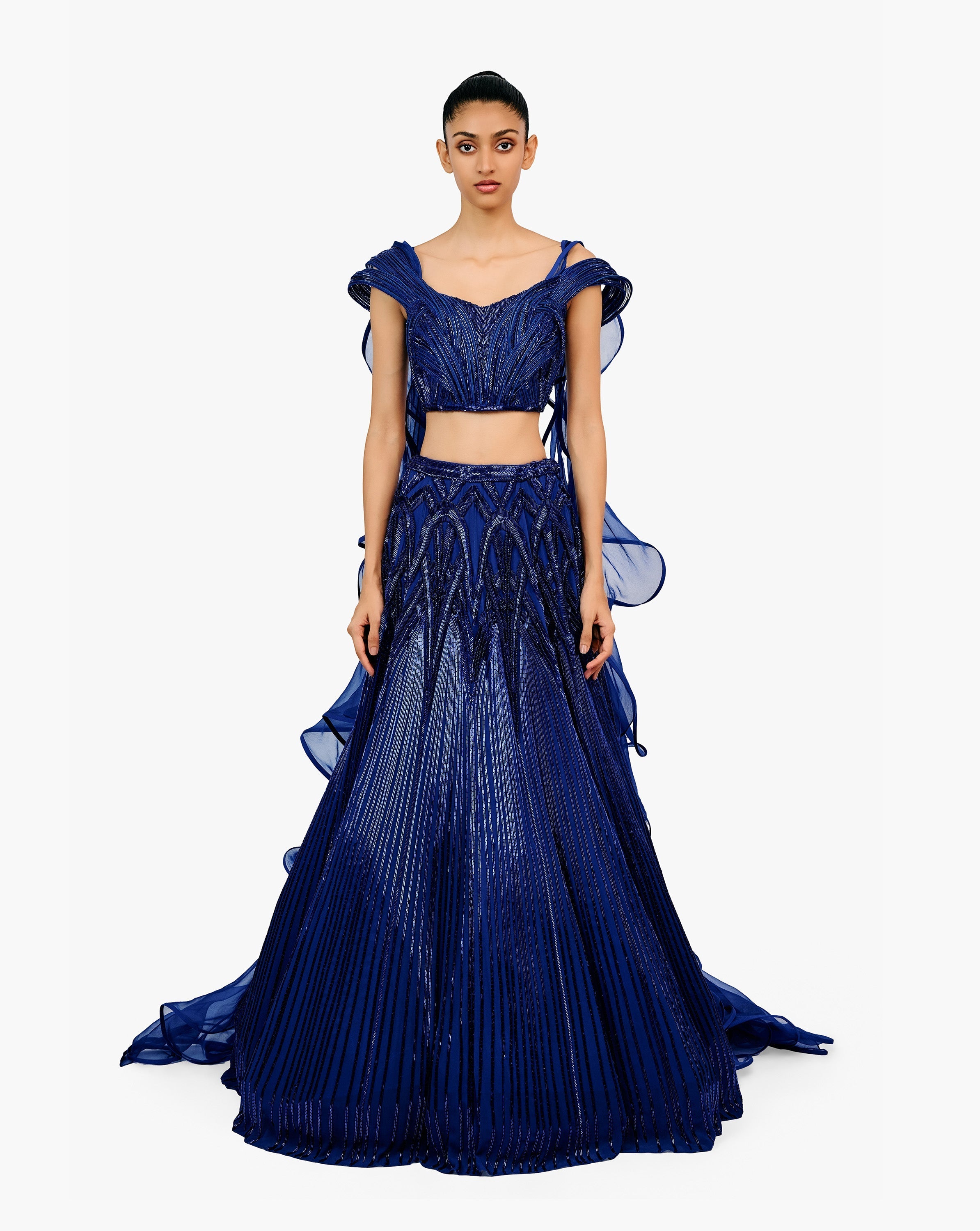 Blue embroidered lehenga with ruffled dupatta by Gaurav Gupta