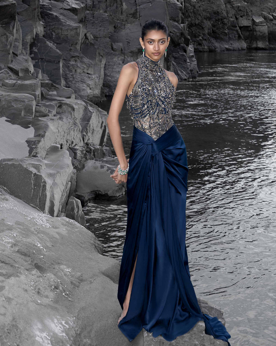 The High-Neck Embellished Saree Gown - Image 1