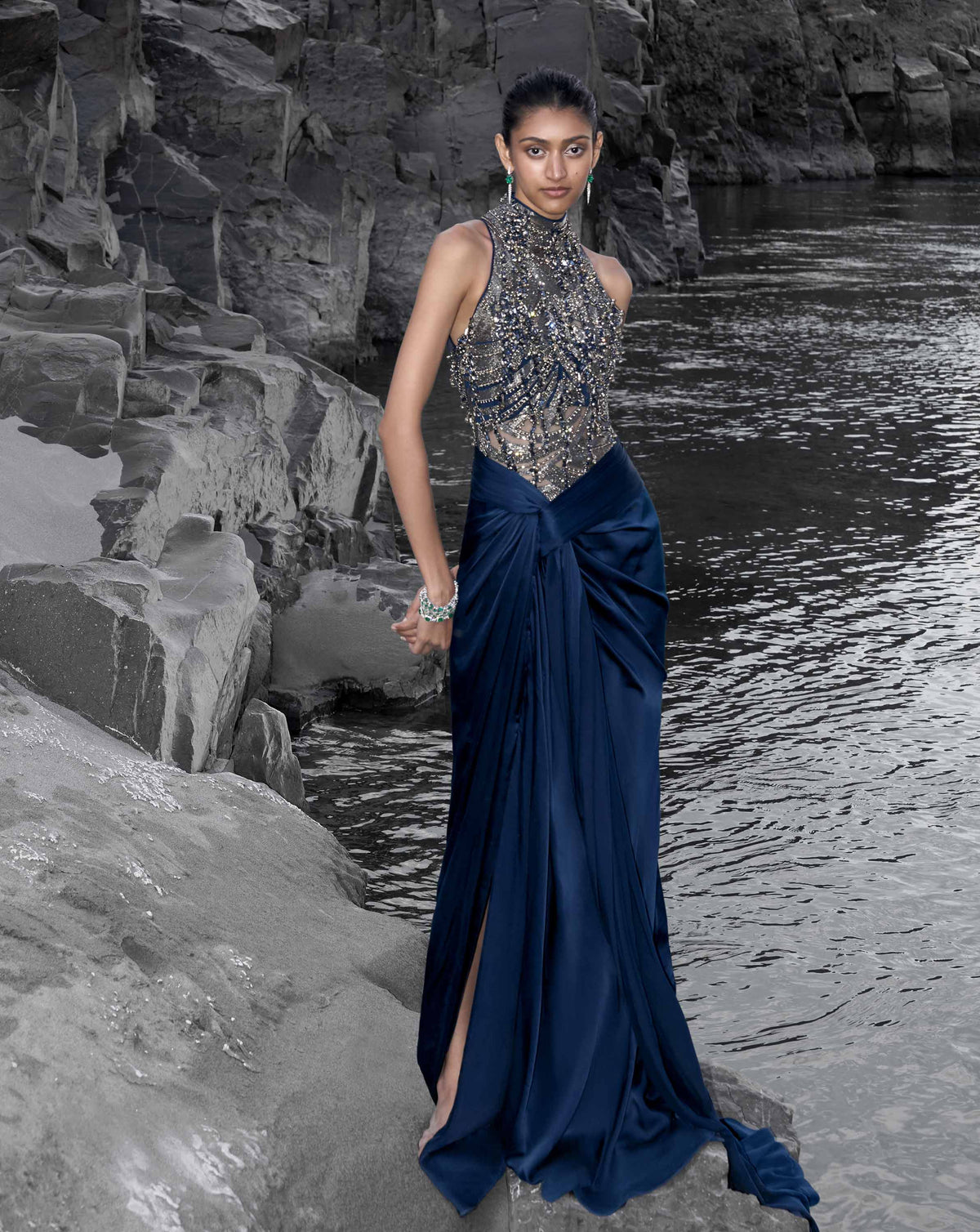 The High-Neck Embellished Saree Gown - Image 1