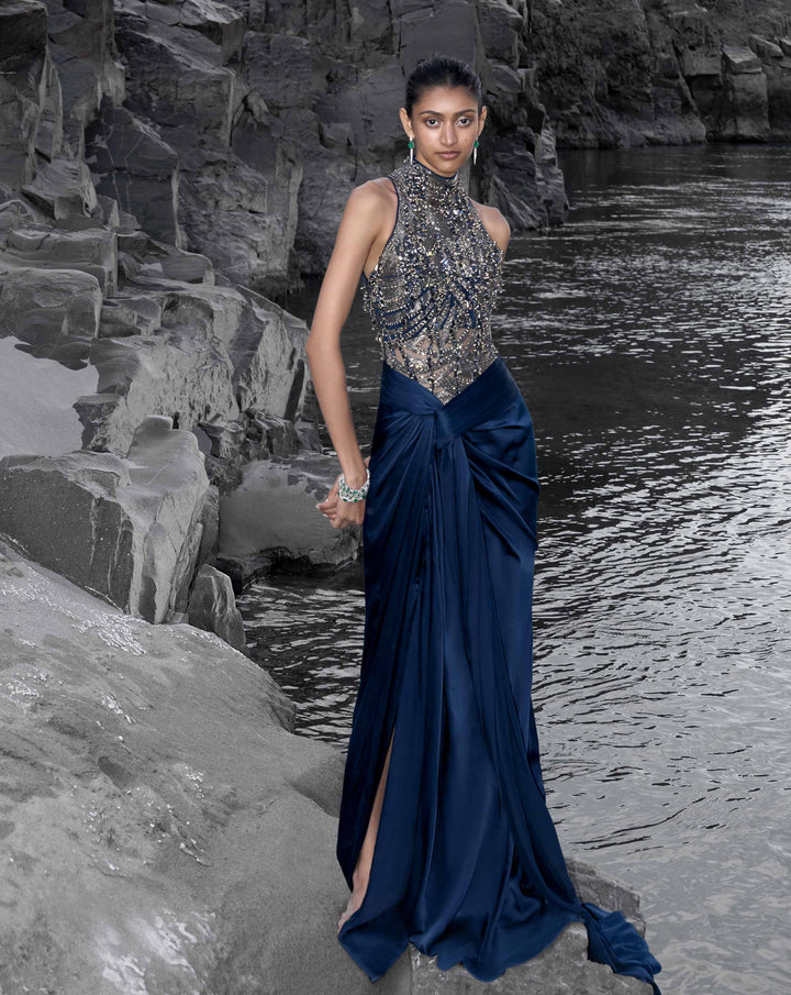 The High-Neck Embellished Saree Gown - Image 1