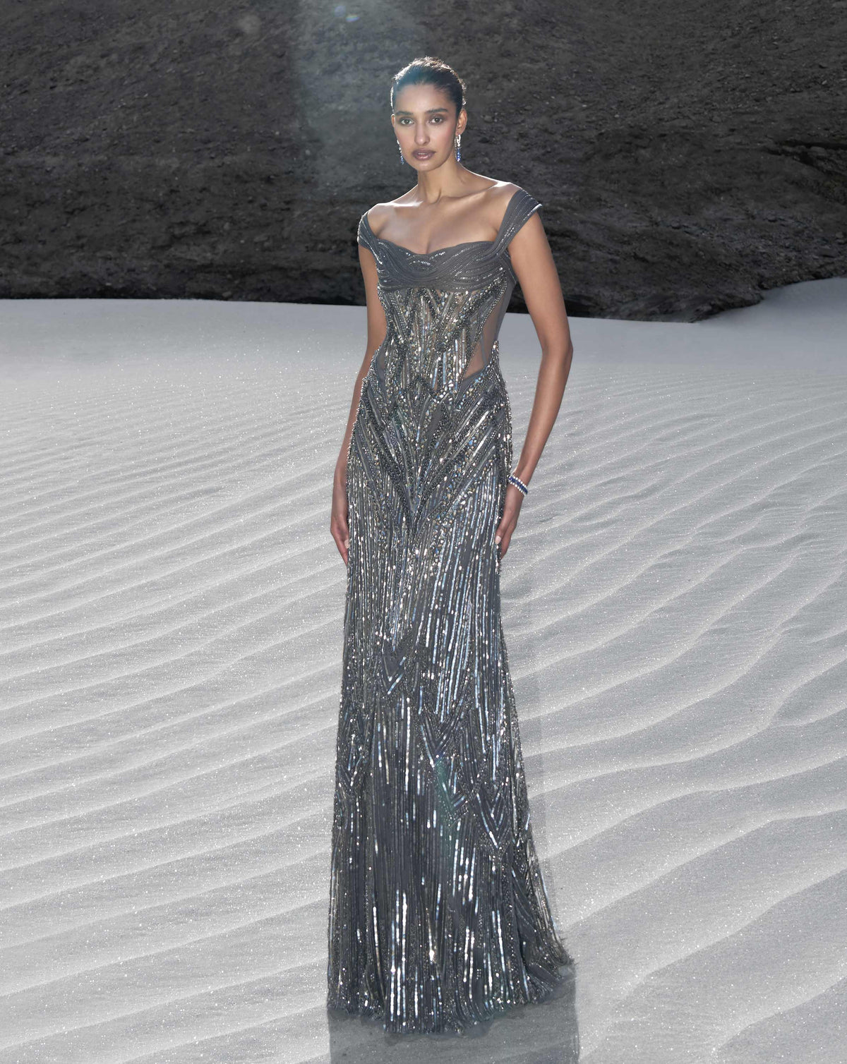 The Sculpted Off Shoulder Net Gown - Image 1