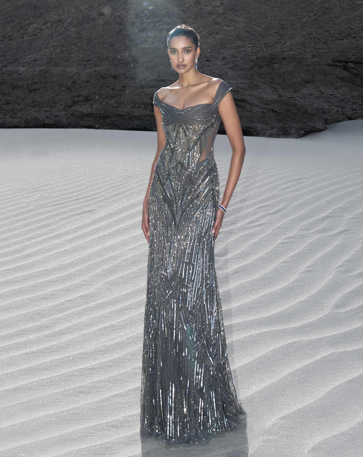 The Sculpted Off Shoulder Net Gown - Image 1