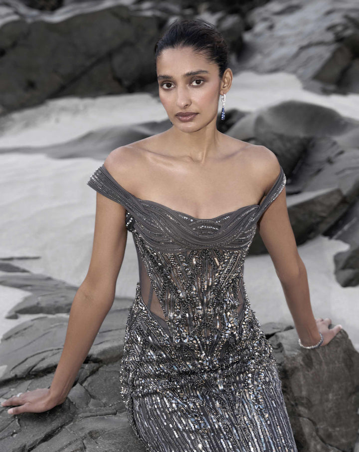 The Sculpted Off Shoulder Net Gown - Image 2