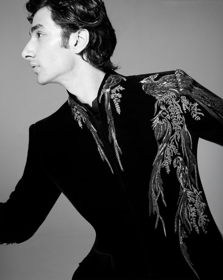 Asymmetrical Avian Velvet Bandhgala