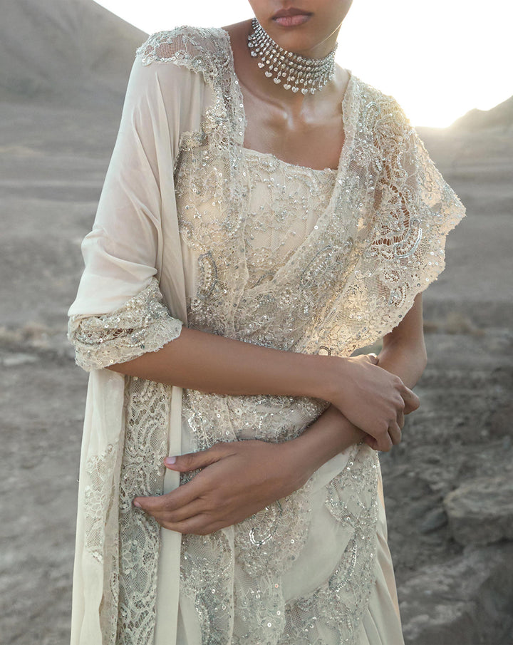 Pearl Lace Saree Gown - Image 3