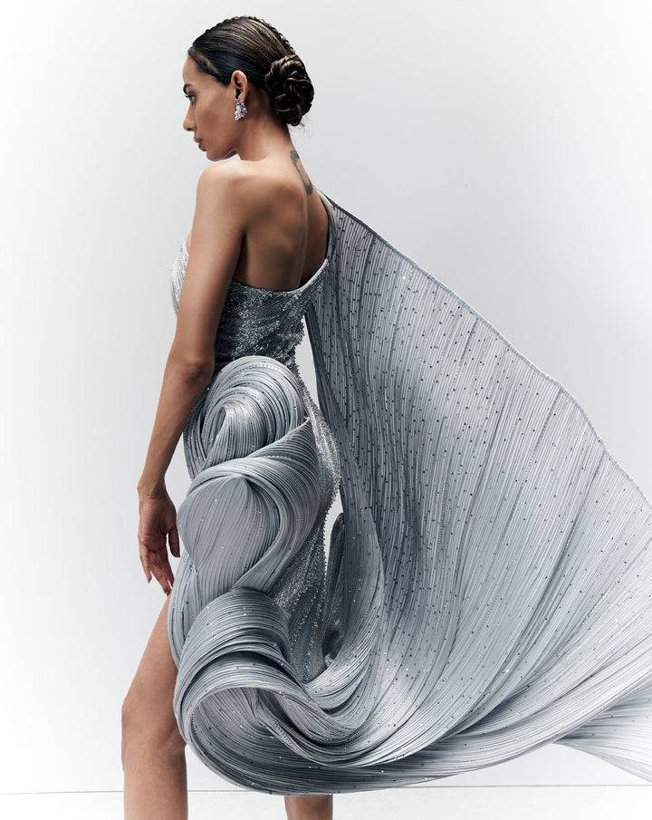 Abstract crystal line gown with sculpting