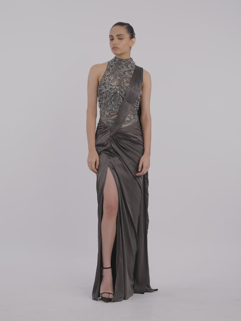 The High-Neck Embellished Saree Gown