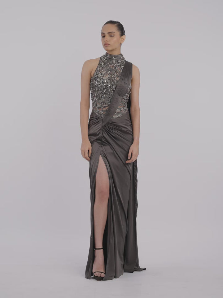 The High-Neck Embellished Saree Gown